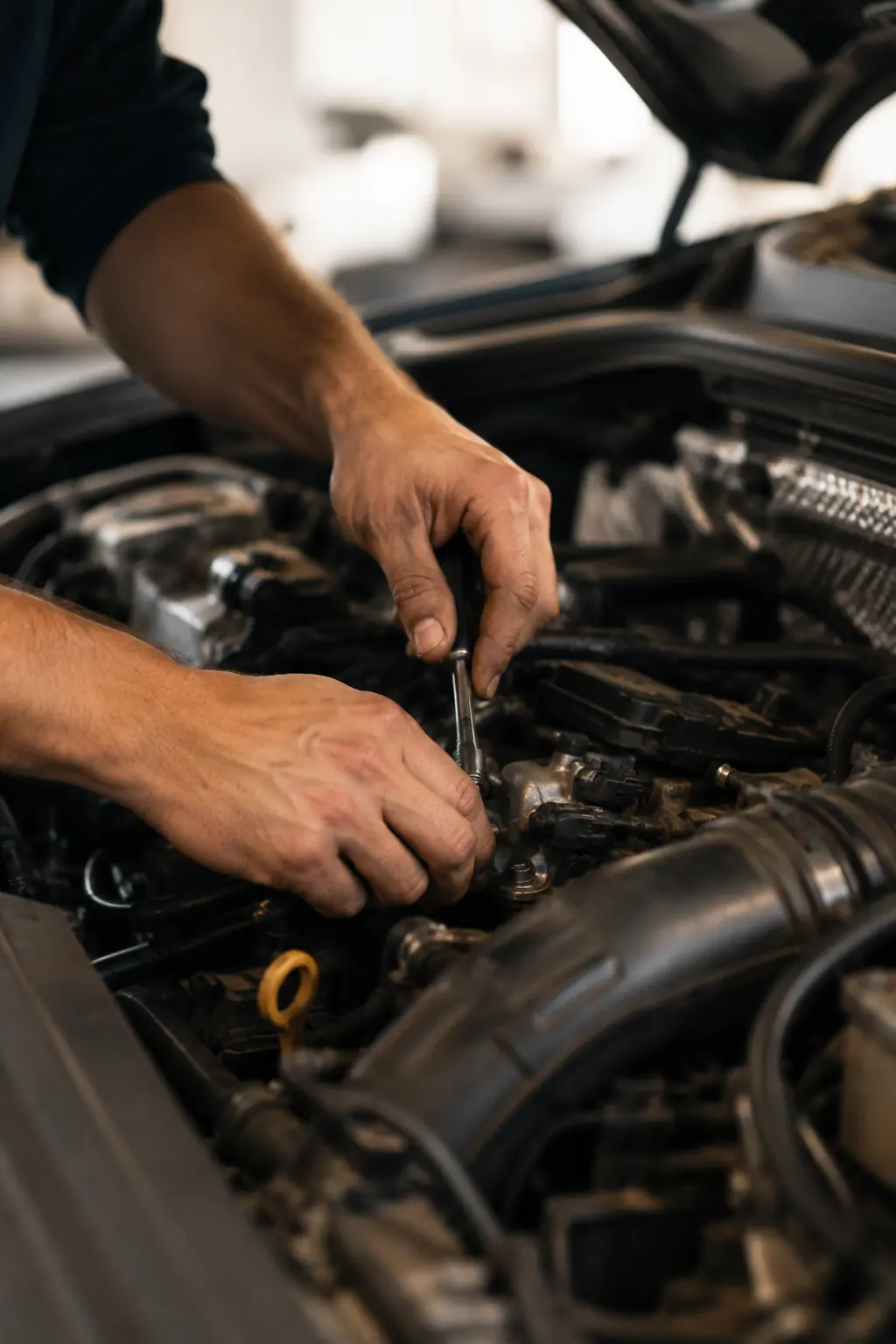 Mechaniker arbeitet mit einem Schraubenschlüssel am Motor eines Fahrzeugs